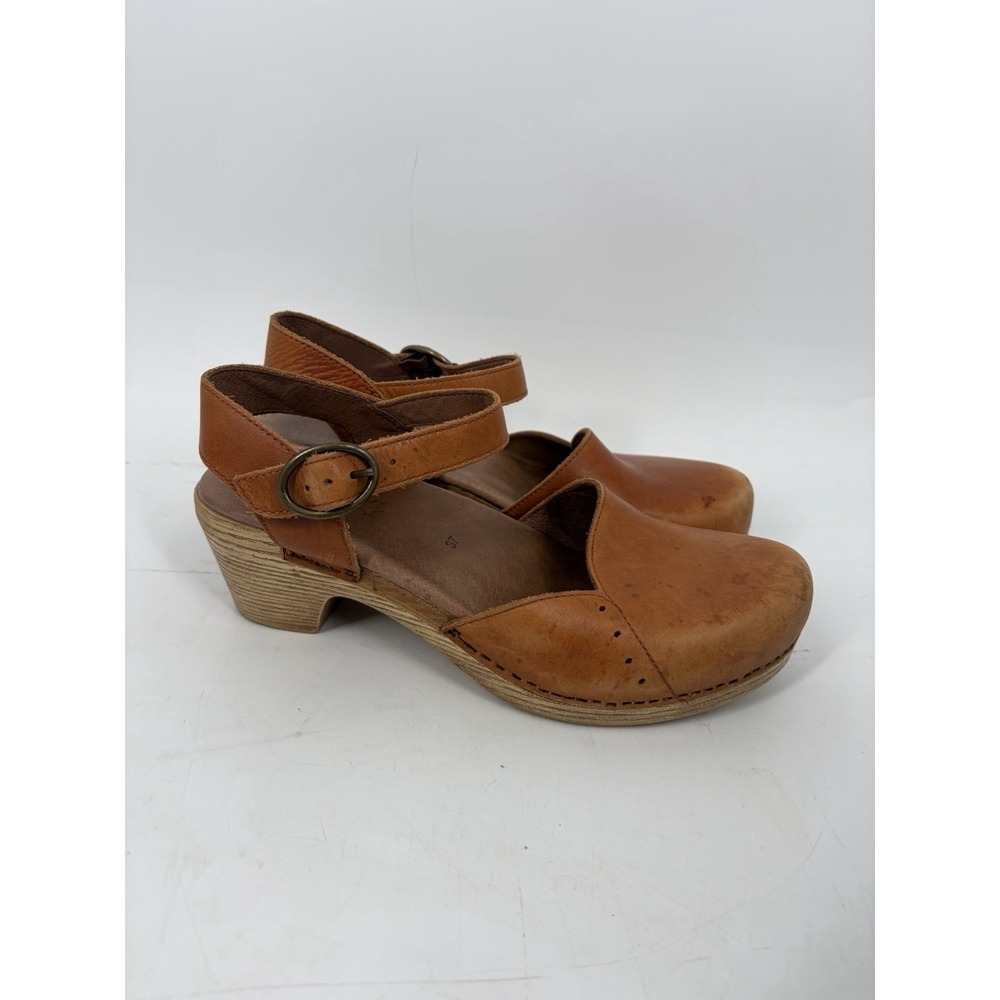 Dansko Maisie Tan Mary Jane Clog Sandal Ankle Strap Wedge Comfort size 37/6.5